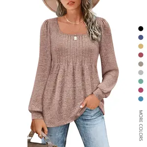 Danedvi Women's Puff Long Sleeve Shirts Trendy Scoop Neck Loose Fit Blouses Pleated Flowy Tunic Tops S-2XL