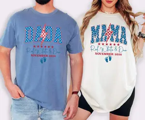 Personalized Red White & Due Couple Shirts, Patriotic Pregnancy Announcement, Mom Dad To Be Matching Shirts, Baby Due 2026 Reveal Outfit