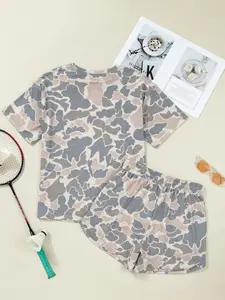 Women's 2-Piece Cute Polyester Activewear Set, Summer Lounge Pajama Outfit with Camo Short-Sleeve T-Shirt, High-Waist Drawstring Shorts for Outdoor Use