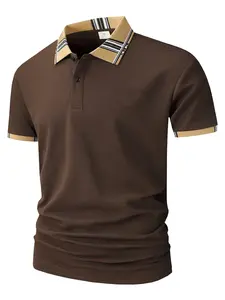Men's Solid Color Patchwork Button Short Sleeve Casual Polo Shirt, Business Daily Sports Wear, Elegant Men's Clothing, Classic Collar Design