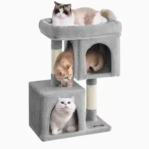 Feandrea Cat Tree, 26.4-Inch Cat Tower, S, Cat Condo for Kittens up to 7 lb, Large Cat Perch, 2 Cat Caves, Scratching Post, Light Gray