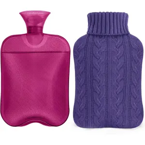 Hot Water Bottle with Knitted Cover, 2L Hot Water Bag for Hot and Cold Compress, Hand Feet Warmer, Ideal for Menstrual Cramps, Neck and Shoulder , Purple