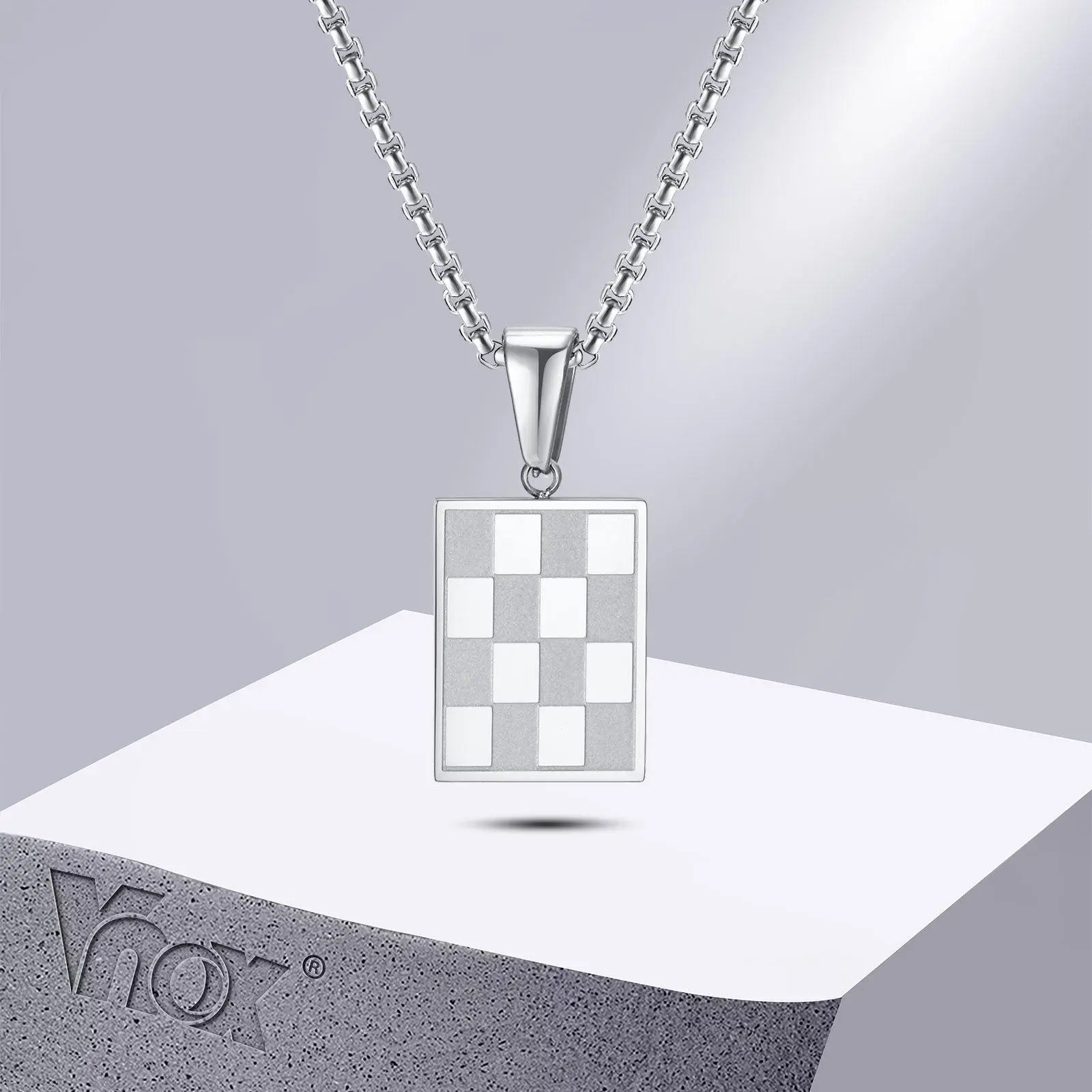 Vnox Square Checkered Necklace for Men Women,Stainless Steel Checkerboard Geometric Tag Pendant Collar Birthday Gifts Jewelry