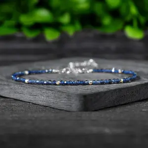 Natural Dainty Blue Sapphire 2mm Tiny Beads Peach Crystal Healing Charka Crystal Silver-Plated Chain Minimalist Bracelet Gift for Women