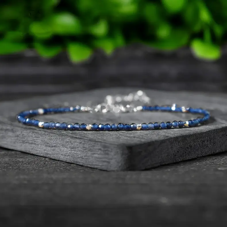 Natural Dainty Blue Sapphire 2mm Tiny Beads Peach Crystal Healing Charka Crystal Silver-Plated Chain Minimalist Bracelet Gift for Women
