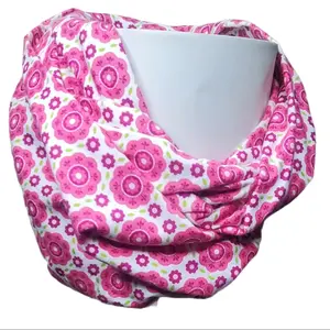 Women's Floral Cotton Flannel Infinity Scarf for Winter, Pink and Green Colors effortless style casual soft