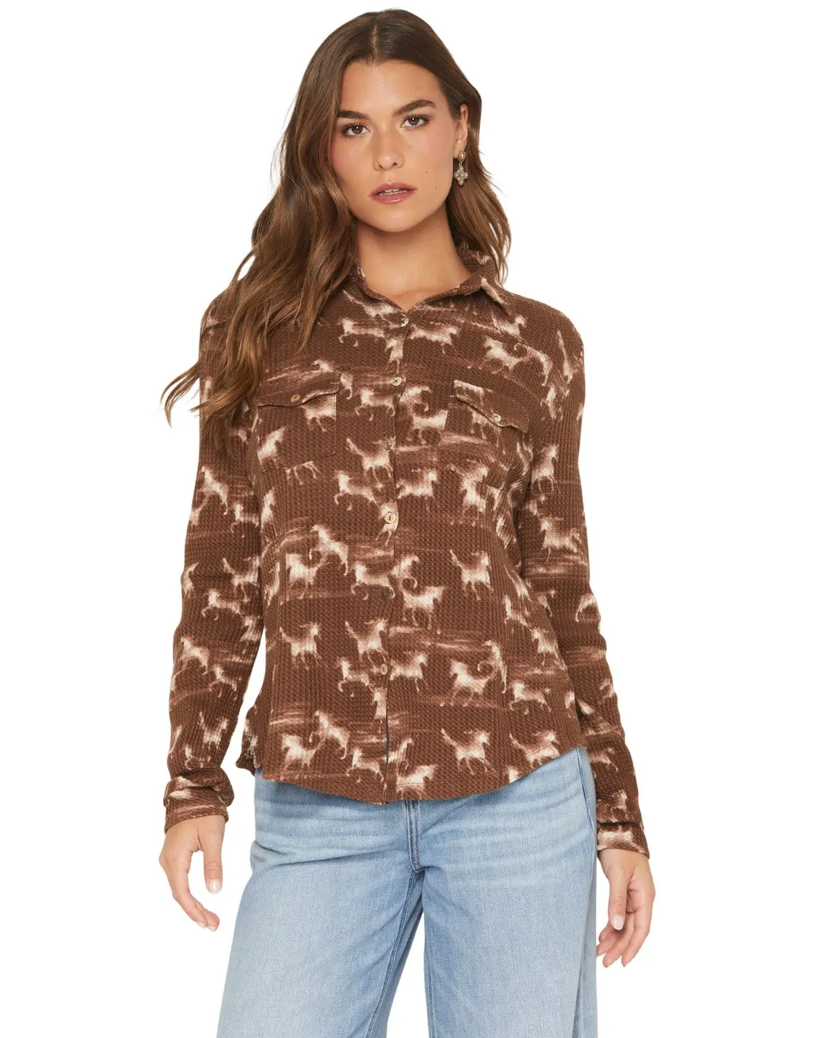 Wild Moss Women's Women'S Horse Print Long Sleeve Button-Down Western Shirt - Ima4638-K428gw