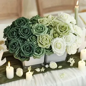 Artificial Flowers 1 Pack 25 Pieces Emerald Mixed Roses with Stems, Real Touch DIY Foam Floral Wedding Bouquet Decorations