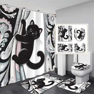 Cat Climbing Floral Pattern Shower Curtain Set, 1 Set Includes Bath Mat Toilet Mat U-shaped Mat, Bathroom Decoration Accessories for Home Dormitory Hotel Decor Bathroom Supplies