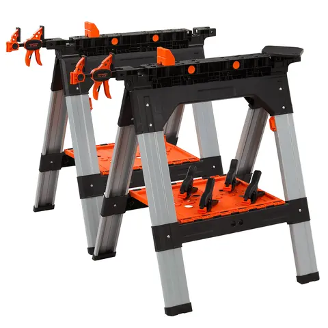 #blackfriday PONY 2-Pack Clamping Sawhorses, 1200 LBS Load Capacity, 30-3/4" Folding Sawhorse with 12” F Clamps, Bench Dogs, Angle Clamps, 2" Spring Clamps, Steel Legs, Heavy Duty for Woodworking