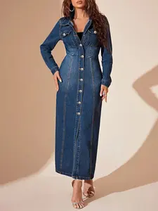 Women's Vintage Single-Breasted Waist-Cinching Denim Dress Long-Sleeved Collared Slim-Fit Denim Coat-Style Maxi Skirt Versatile Casual Dress For Spring Autumn And Winter Suitable For Various Occasions Womenswear Button