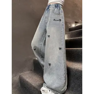 Girls' Casual Loose-Fit Harem Jeans with Butterfly Bows - Light Wash Denim, Elastic Waistband, Machine Washable, Geometric Pattern, Perfect for Spring/Summer/Fall