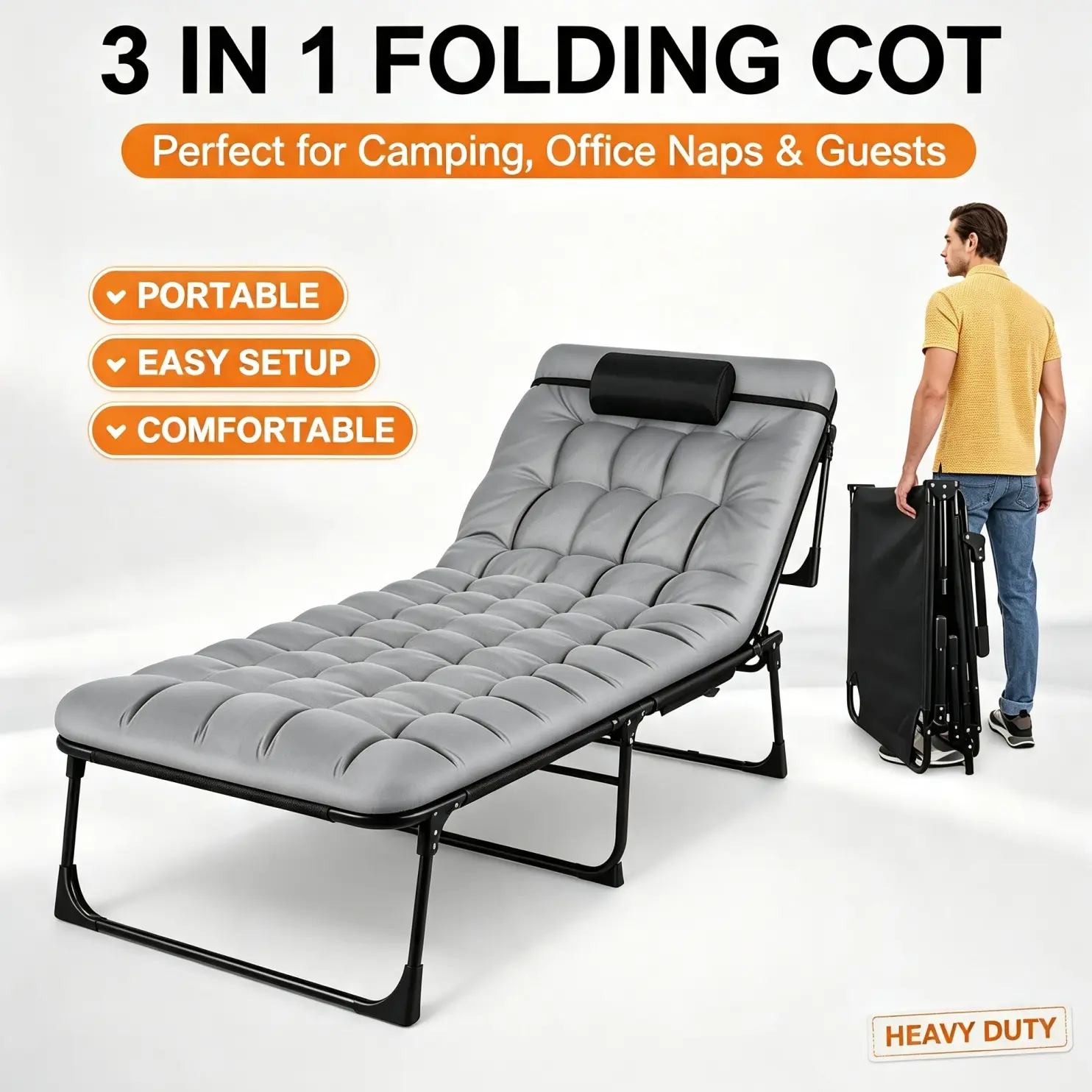 Folding Bed Cot with 2 Sided, 74''*26'' Portable Sleeping Guest Beds, Heavy Duty Camping Cots with Carry Bags, Adjustable Outdoor Champing Bed Multi Purpose Foldable Camping Furniture