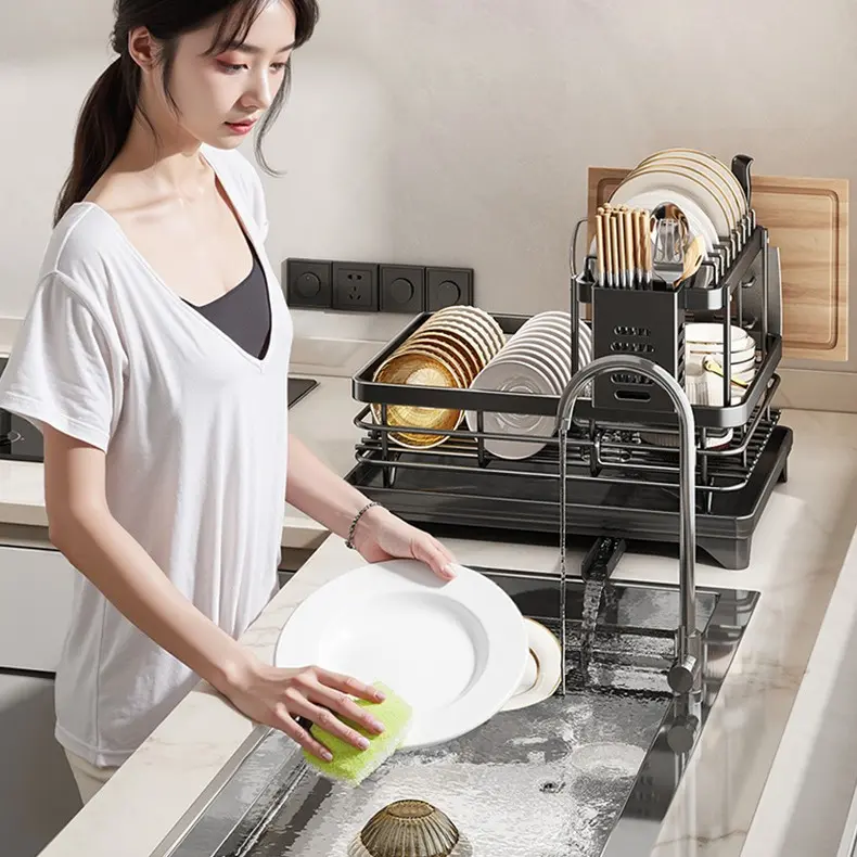 【TiktokShopSpringGlowUp】Bepatio Double-Layer Kitchen Countertop Drain Rack, Metal Material, with Drain Board, Can Hold Tableware, Carbon Steel Material, Kitchen Storage Rack