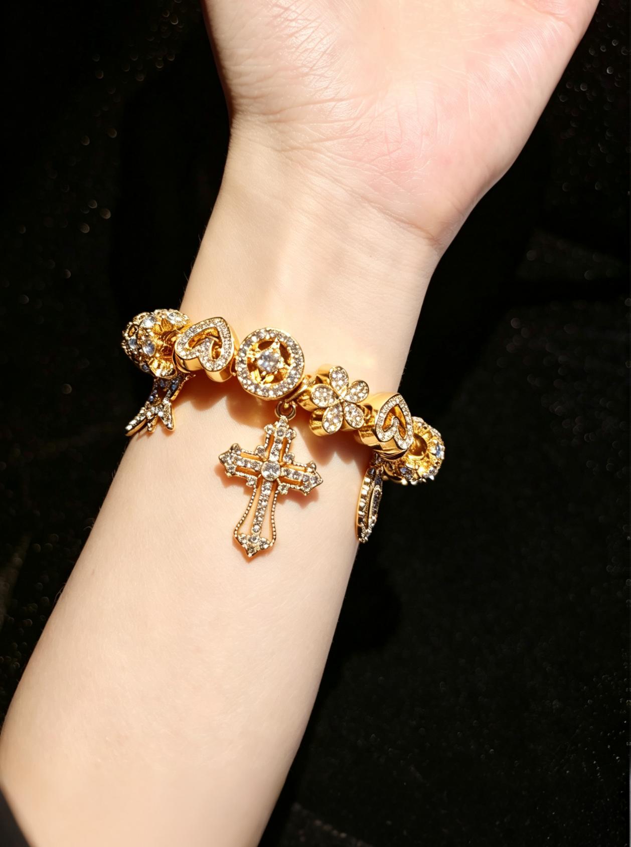 Vintage Gold Tone Cross Charm Beaded Bracelet, Rhinestone Star Heart Virgin Mary Pendant Snake Chain Bracelet