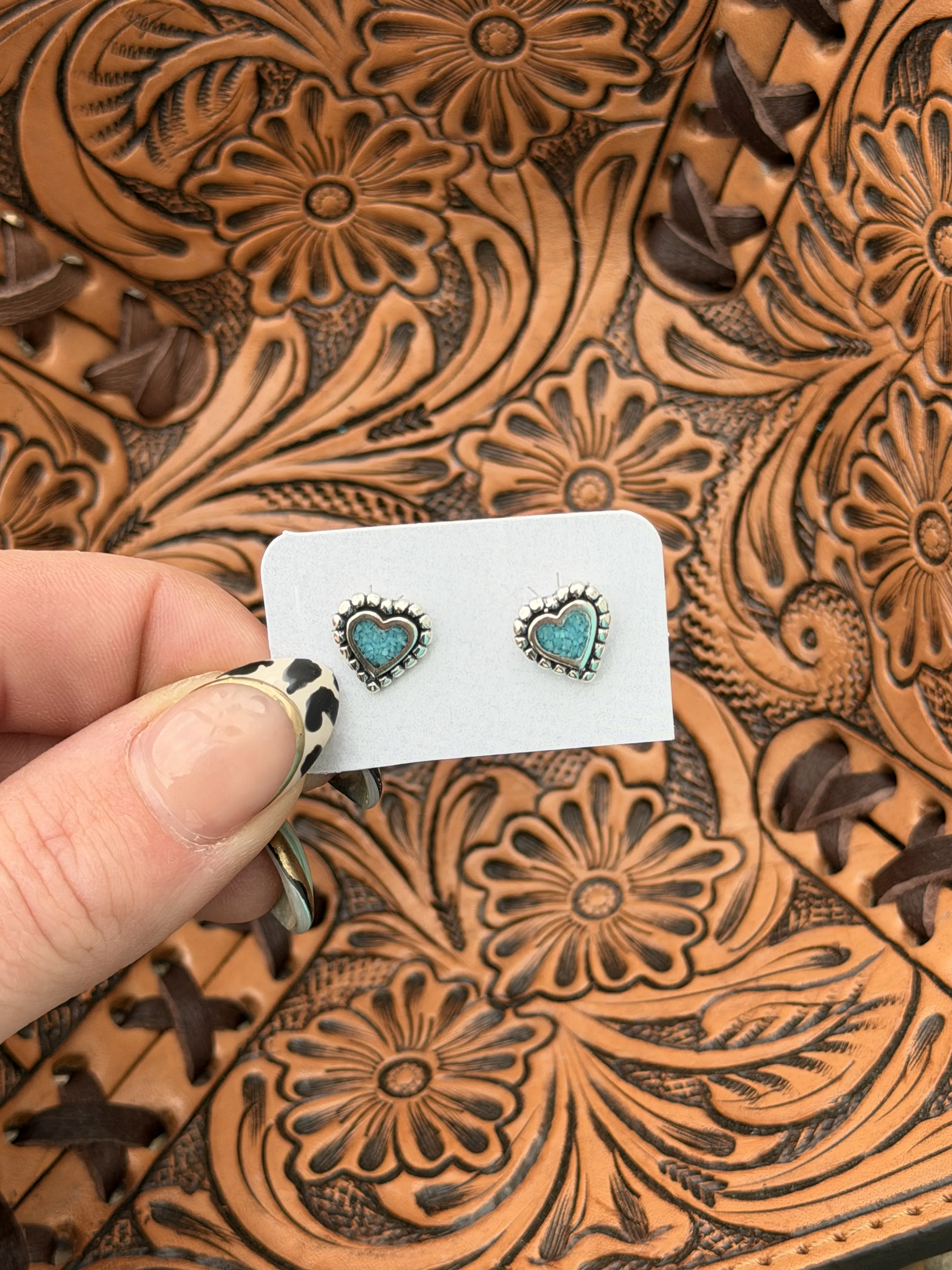 Mini Turquoise Heart Stud Earrings – Genuine 925 Sterling Silver *non native*