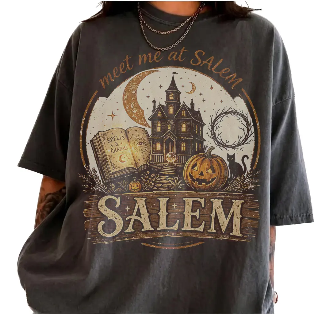 Comfort Colors Meet Me At Salem Shirt, Witchy Halloween Graphic Tee, Vintage Haunted House T-Shirt, Spooky Season Apparel, Dark Cottagecore Fall ShirtVintage wash