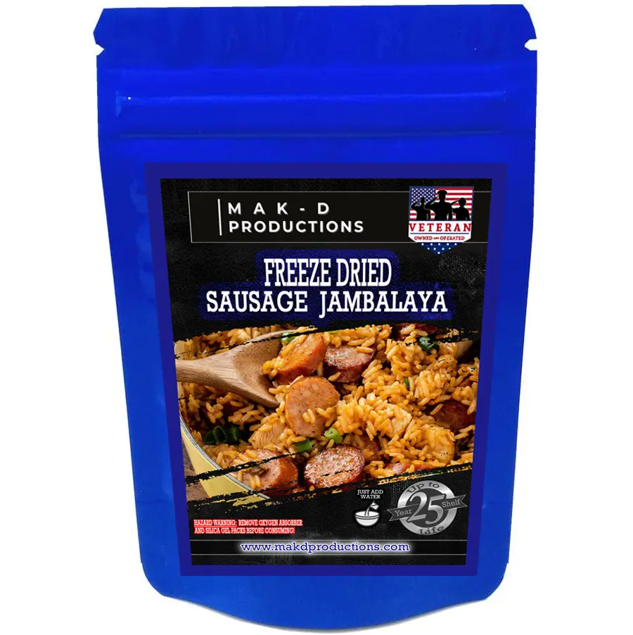 MAK D Productions - Freeze Dried Meal  - Pork - Rice - Sausage Jambalaya Rice - Gourmet Recipes by a Sullivan University (Louisville, Kentucky) Culinary Chef Graduate - NEVER BLAND TASTING - MADE IN THE USA