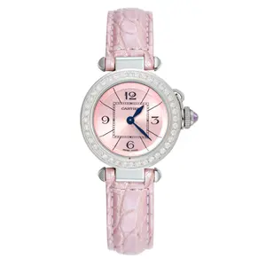 Cartier Miss Pasha 27mm W3140026 Stainless Steel Quartz Watch, Pink Dial, Custom Diamond Bezel, Pink Leather Strap WHT028059