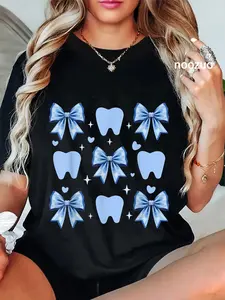 100% Cotton Cute Tooth Dental Assistant Coquette Bow Hygiene Oral RDH T-Shirt