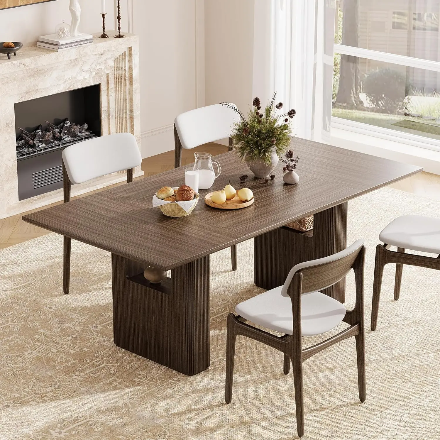 78.5 Inch Dining Table for 4-10 People, Long Large Kitchen Table with Wood Strip Base, Rectangular Kitchen Table, Modern Farmhouse Rectangle Kitchen Dinner Tables for Dining Room Kitchen Living Room