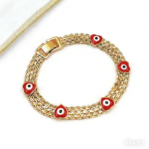 Boho-Chic Evil Eye Charm Bracelet for Women - Luxe Wide Golden-Tone Copper Chain with Red Bead Charms, Everyday Jewelry & Festival Gift, Durable Protection Symbolism, Year-Round Bohemian Accessory, Cute Jewelry, Festival Accessories