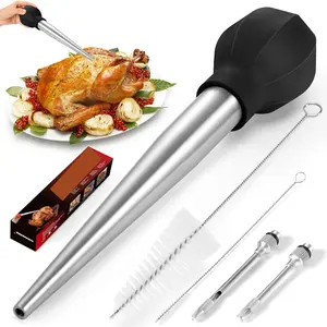 Black Large Turkey Baster with Cleaning Brush & Needle - Stainless Steel Baster Tool for Cooking - Easy to Use and Clean - Heavy Duty Baster Syringe - Thanksgiving, Christmas Essentials -