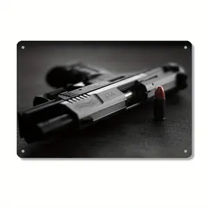 2D Flat, Vintage Military Pistols & Bullets Metal Tin Poster - 8x12 Inch Weather-Resistant Iron Wall Art for Home & Office Decor, Durable 2D Flat Metal Signage, Easy Wall-Mounted Installation, 2D Flat