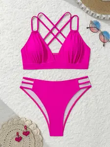Women's New Slimming Fashion Vacation Casual Beach Solid Color Two-Piece Bikini Swimsuit, Fitted Style, All Seasons, Swim Top