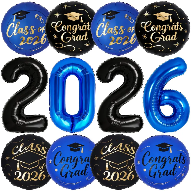 PartyWoo Class of 2026 Graduation Balloon Decorations Kit - 12 Thick Black Blue Metallic Pieces, 40-inch Class of 2026 Foil Number Mylar, 18-inch Congrats Grad Mylar, Backdrop Set, Gift for Grad Party Photo Supplies