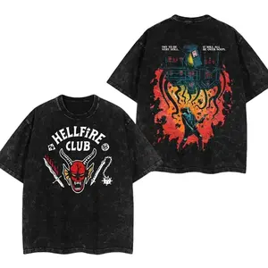Eddie Munson Hellfire Club Stranger Things Double Printed Oversize Lightweight Acid Washed Tee TV Show Graphic Top Cotton Gift T-Shirt For Comic Lover, Gift T-Shirt For Movie Lover