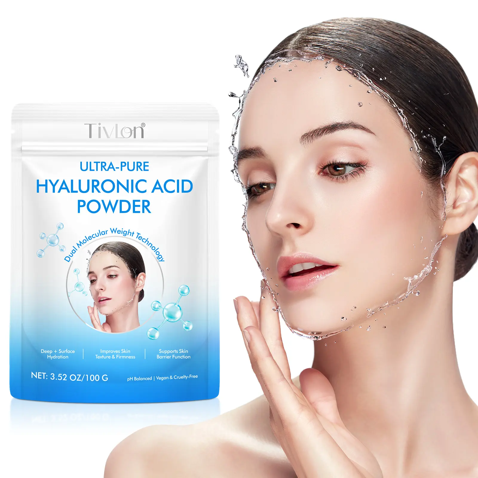 Tivlon Hyaluronic Acid Powder 100g, High Purity, Fine Texture, Easy Soluble, Moisturizing, Suitable for Face & Body, No Irritating Ingredients