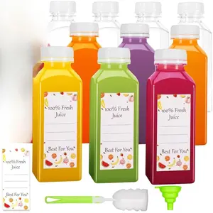 10pcs 12oz Juice Bottles with Caps, Reusable Plastic Bottles for Juicing, Milk, Smoothie, Juice Containers with Lids with 12pcs Labels & Bottle Brush & Funnel, Christmas Gifts  Organiser Set Canister