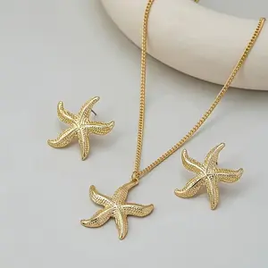 Three-Piece Stylish Trendy Starfish Earrings and Necklace Set