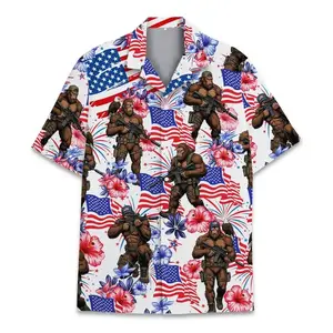 Tactical Sasquatch Hawaiian Shirt, Bigfoot with USA Flag Tropical Short Sleeve Shirt, Summer Aloha Button Down Shirt, Gift for Him or Her