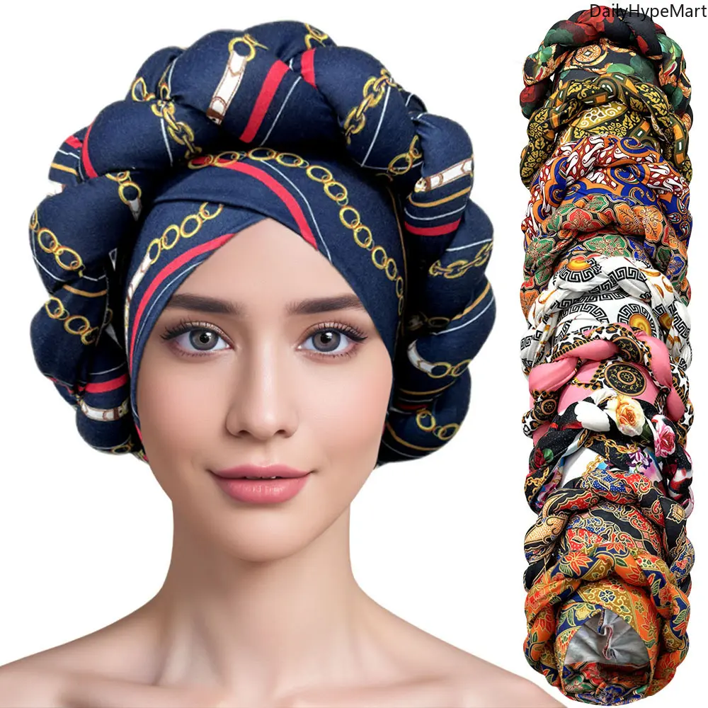 Women's Ethnic Printed Cross Hat - Sheep Bone Braid Tie Back Headwrap with Chunky Braid, Fashion Hair Scarves, Daily Fashion Accessories for Women
