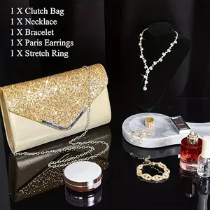5-piece wallet set, rhinestone jewelry set, rhinestone handbag, bridal ball necklace, earrings, bracelet, ladies