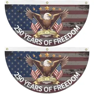 250th Anniversary Fan Bunting 1.5x3Ft 2pcs 250 Years of Freedom Party Supply Bright Color Holiday Hanging Backdrop with Grommet for Indoor Outdoor Fence Porch Balcony
