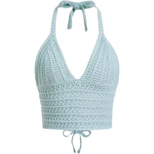 Naileksi Women Lace Up Backless Crochet Crop Halter Top Y2k Slim Fit Sleeveless V Neck Self Tie Back Knit Crop Cami Top