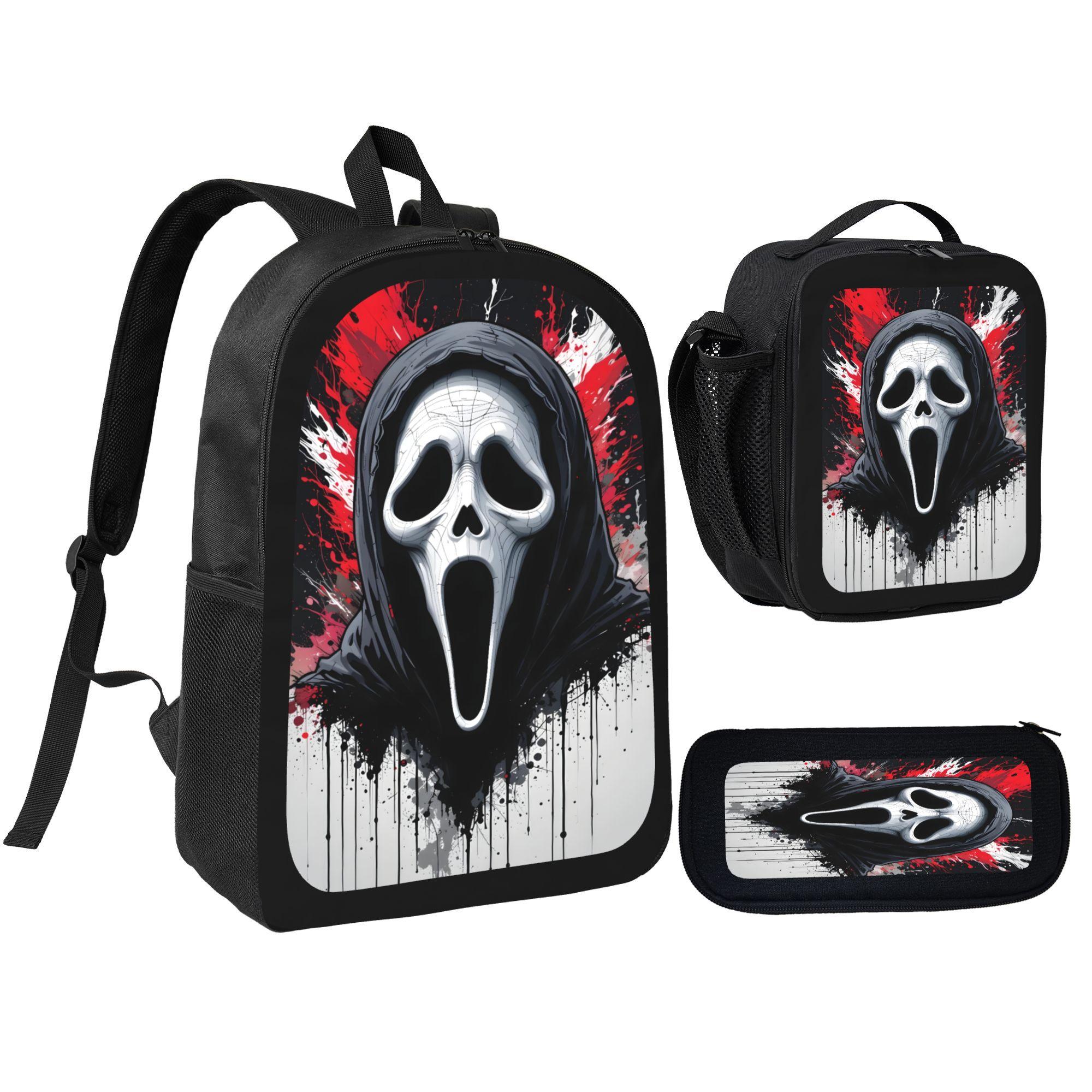 Teens' 3-Piece Scary Look Multi-Set - Comfortable Lightweight Horror Aesthetic Youth Backpack with Lunch Bag, Pencil Case, Laptop Compartment, School Backpacks