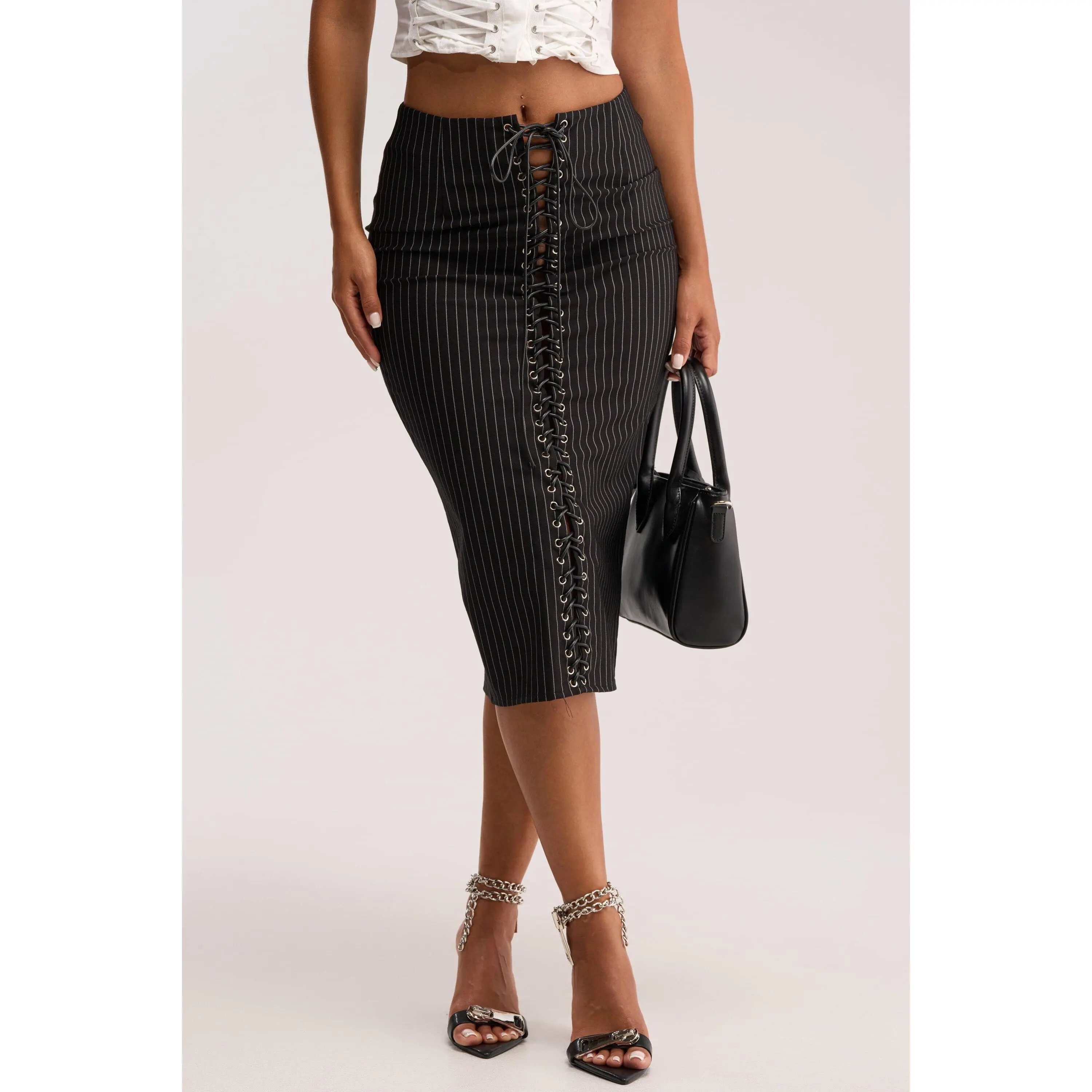 LIVI STRETCHY PINSTRIPE MIDI SKIRT