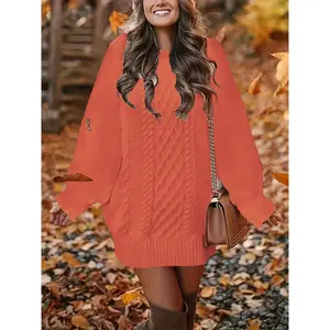 Plus Size Preppy Sweater Dress, Women's Plus Solid Cable Lantern Sleeve Round Neck High Stretch Loose Fit Mini Sweater Dress