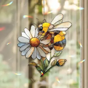 Glossy Multi-Chromatic Light Acrylic Bumblebee-Daisy Suncatcher, Stained Glass-Style Ornament, Modern Hanging Decor, Mother's Day Garden Gift for Nature Lovers