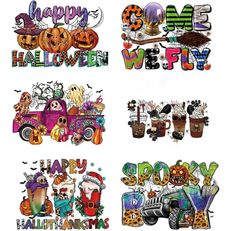 6Sheets Halloween Iron on Patches Iron on Stickers for Clothing - Halloween Decorative Patches Heat Transfer Decals Scary Cute Ghost Pumpkin Bat Spider Skull Design Iron on Vinyl for T-Shirt DIY Decor