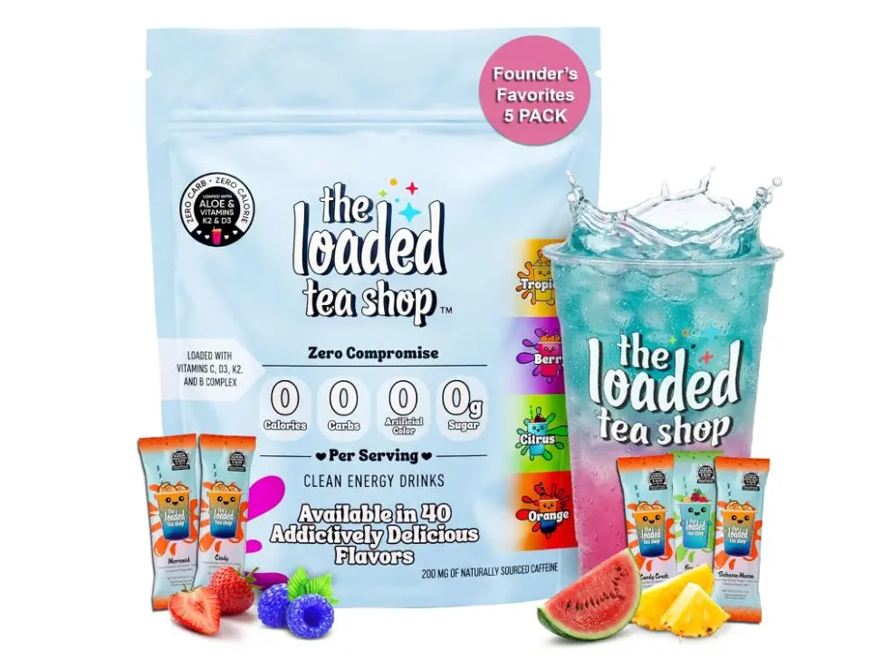 The Loaded Tea Shop Energy Drink Mix Sticks, Founder’s Favorites 5 Pack, Sugar-Free, Zero Calories, 200mg Natural Caffeine, No Artificial Colors/Flavors, Powder Packets w/ B Vitamins - Energy Drink Alternative