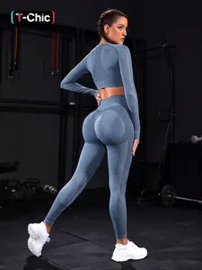 Two-piece Set Sporty Women's Plain Round Neck Crop Top & Ruched High Waist Leggings Tracksuit Set, Comfy Breathable Two-piece Outfits for Yoga Gym Running, Ladies Sportswear for All Seasons, Activewear, Athletic Wear, Gym Clothes Workout Sets