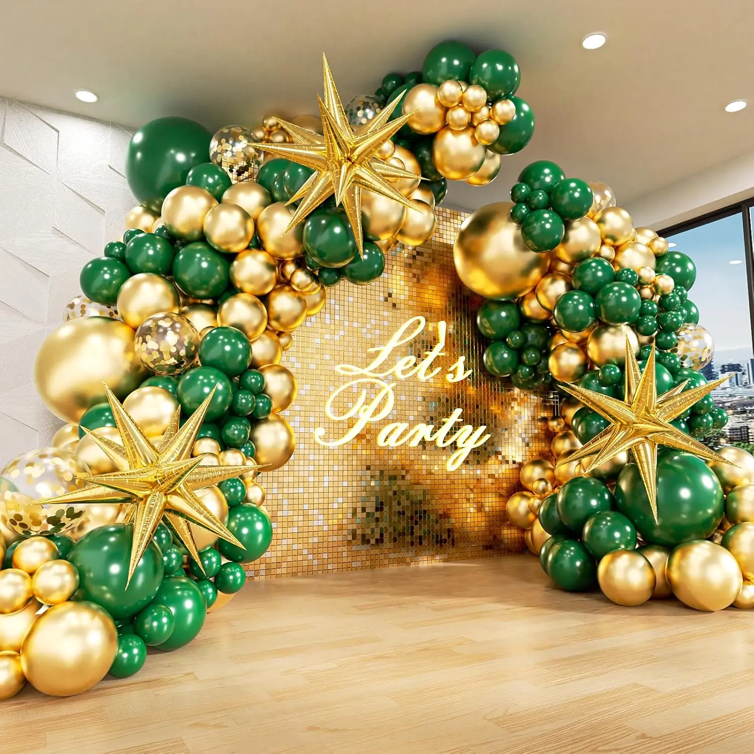 Green and Gold Balloon Arch Kit with 3pcs Star Balloon, Emerald Forest Dark Green Balloons Metallic Gold Balloons for Birthday Shower Wedding New Years Party Decorations