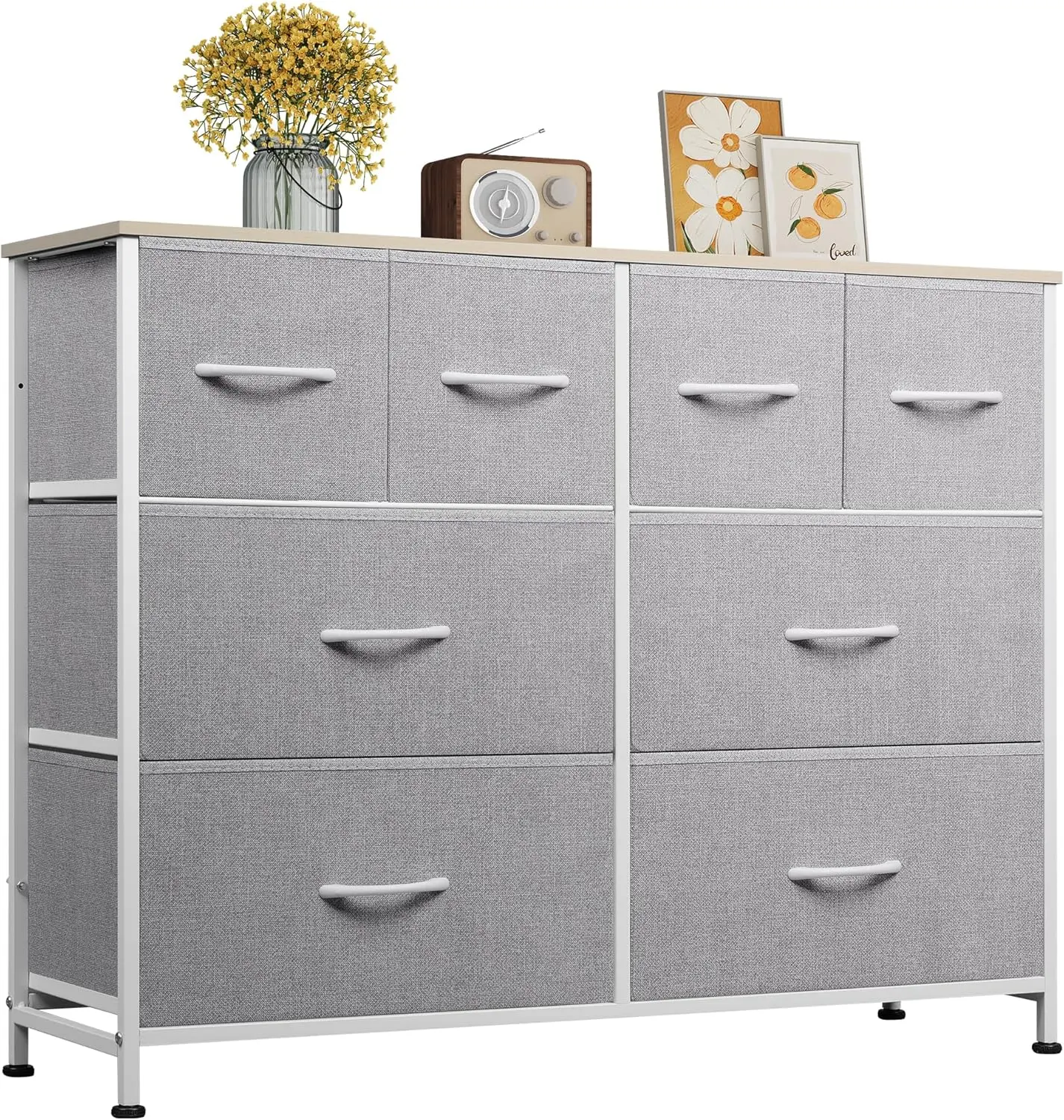 8 Drawer Dresser for Bedroom, Wide Fabric Dresser Storage Organizer, Chest of Drawers with  Top, Sturdy Steel Frame, Dressers for Living Room, Closet, Hallway, Light Grey