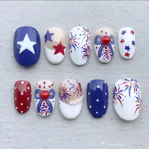 Star & Ribbon Press On Nails 3D Pearl 250th USA Anniversary Firework Nail Set Gif For Her