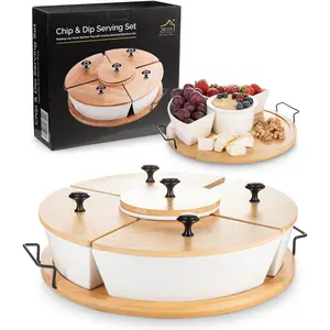 Rotating Bamboo Lazy Susan Appetizer Tray with Black Handles White Ceramic Bowls with Bamboo Lids Divided Round Party Platter Giftable
